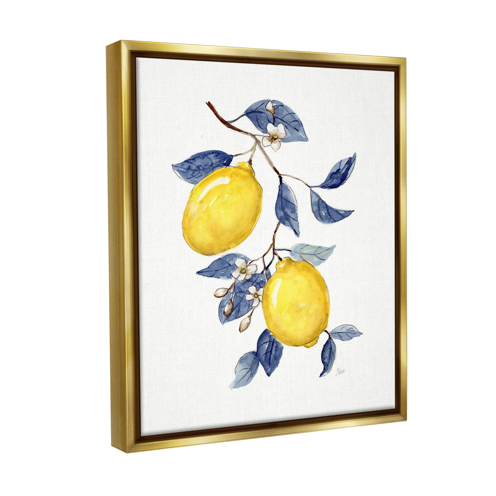 Stupell Industries Lemons with Flower Buds Food & Beverage Painting Gold Floater Framed Canvas Art Print Wall Art, 17 x 21