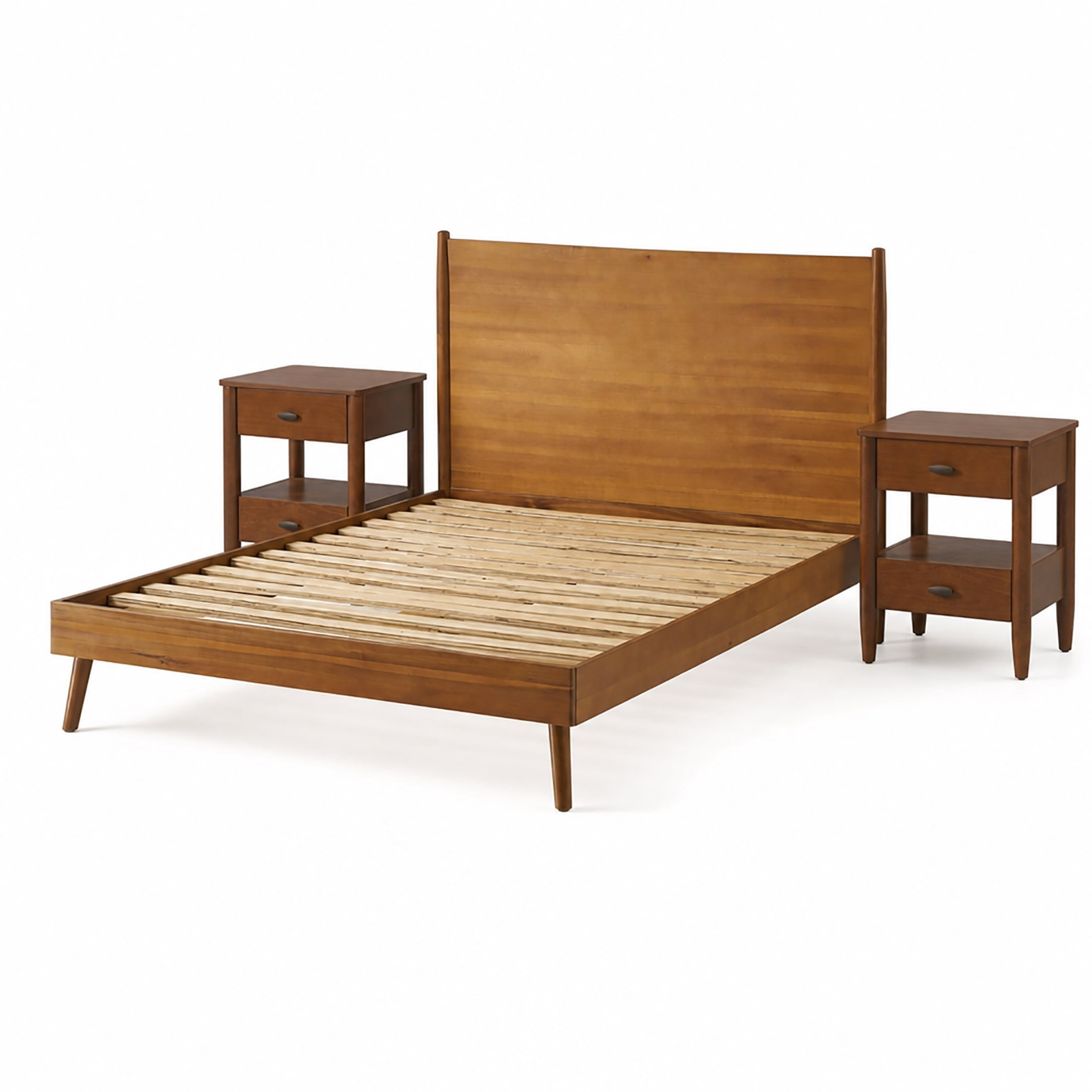 Christopher Knight Home Mid-Century Queen Bedroom Furniture Set, Solid Wood Bed with 2 Nightstands, Natural+Walnut