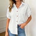 thumbnail image 4 of FINALGANG Womens Lapel Collar Roll Tab Short Sleeve Solid Color Dual Bust Pocket Curved Hem Loose Button Down Shirt Relaxed Fit For Ladies Office Daily Outdoor Outing White L, 4 of 7
