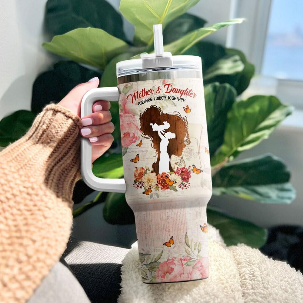 Tumbler 40 Oz With Handle Lid And Straw, Mom Gifts, Butterfly Stainless Funny Primrose Modern Be Cups Coffee Quartz Mama Parade Cup Hot Yellow For Day To, Mother Daughter Floral