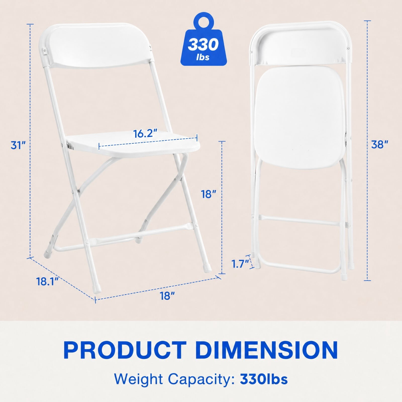 Kelno Plastic Folding Chair Set of 10 Portable Seating with Lightweight Metal Frame, White