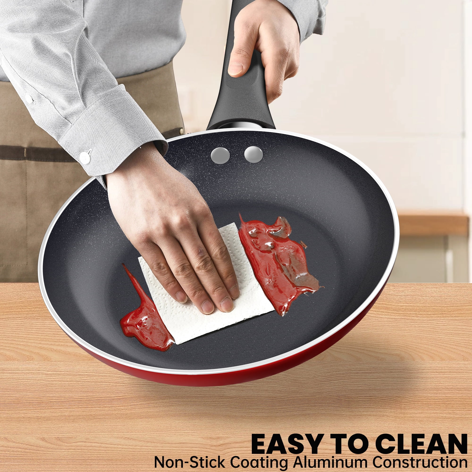 GPED 3 PCS Non-Stick Frying Pan Set,8”, 9.5”, 11” Tri-Ply Skillet with Induction Bottom, Aluminum Cooking Skillet Pans Set, Compatible with All Stovetops (Red)
