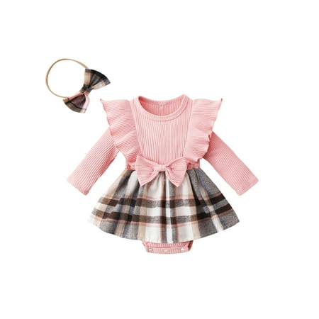 

KelaJuan Baby Girls Casual Romper Dress Pink Long Sleeve Plaid Patchwork Romper with Bow Headband