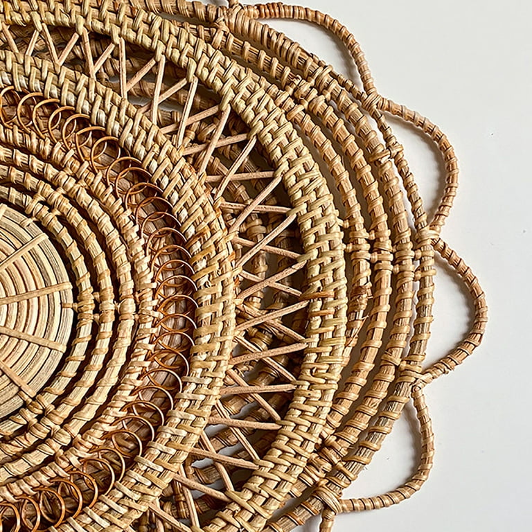 Wall Hanging Basket Boho Hand Woven Rattan Hanging Decor Round Flat Wicker Baskets for Home Living Room Housewarming Gift, Size: 7.87