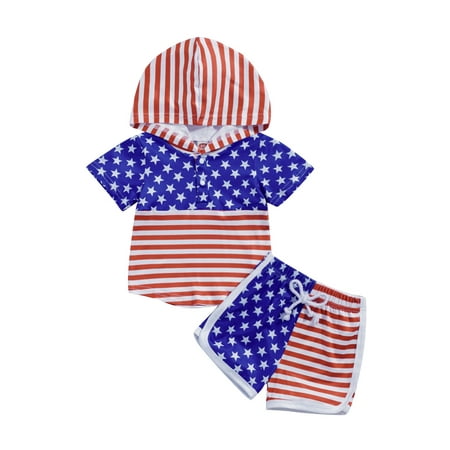 

GXFC Toddler Baby Boy Summer Outfits Hooded Shorts Set Short Sleeve T Shirt Elastic Waist Summer Outfit 12M-5T 2piece