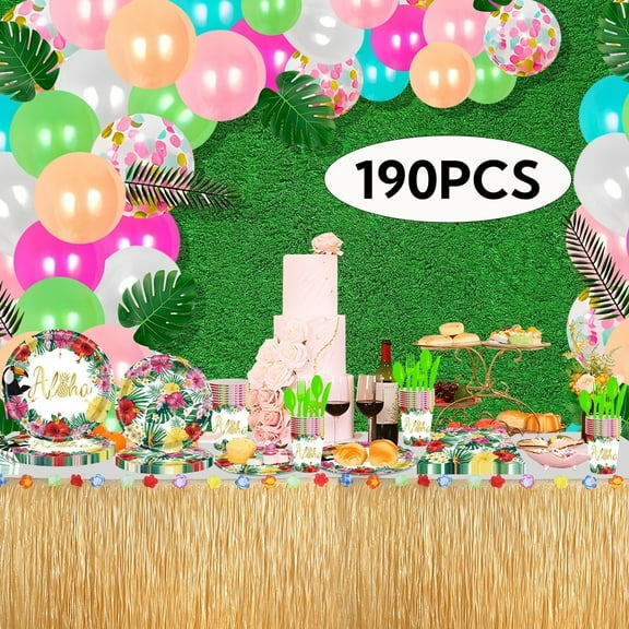 Luau Party Supplies Hawaiian Tropical Paper Plates Aloha Hawaiian Balloons Table Skirt for Beach Birthday Party Favors Set 16 Guest 191PCS Pattern1