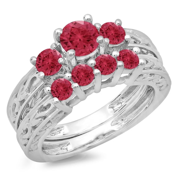 Dazzlingrock Collection 1.50 Carat (ctw) 14K Red Ruby Vintage 3 Stone Bridal Engagement Ring Set 1 1/2 CT, White Gold, Size 8.5