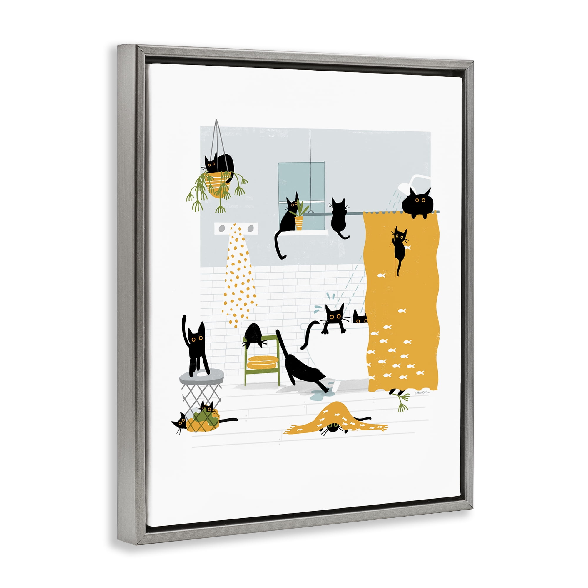 Stupell Industries Black Cats Bath Time Bath & Laundry Painting Gray Floater Framed Canvas Art Print Wall Art, 25 x 31