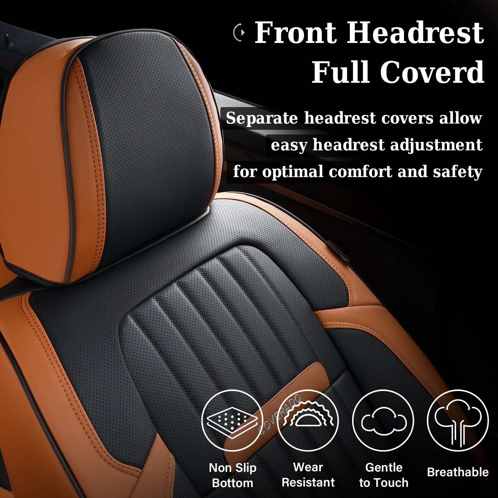 Coverado Car Seat Covers Full Set, Black&Brown Front and Rear Seat Protectors, Waterproof Faux Leather Universal Fit for Most Cars