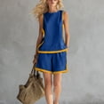 thumbnail image 5 of Women's Cotton Linen 2-Piece Outfit Contrast Trim Round Neck Sleeveless Top Pocket Shorts Casual Summer Set Blue S(S), 5 of 6