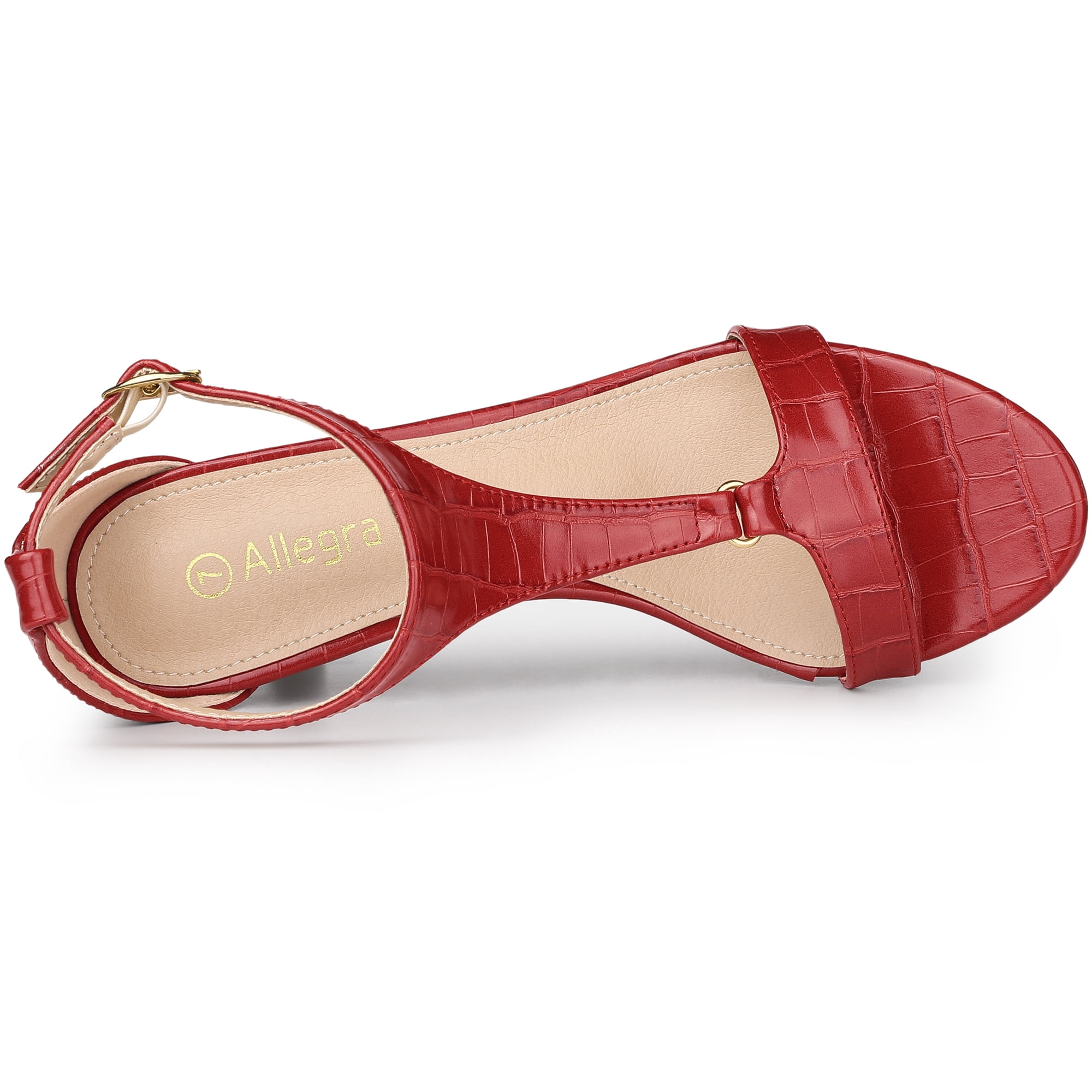 DARING DIVA Women's T Strap Embossed Kitten Heel Sandals Red 8.5