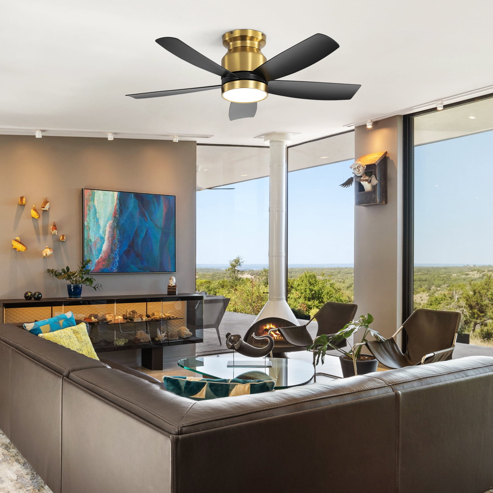 42 Inch Flush Mount Ceiling Fans with LED Light 22W and Remote Control 5 ABS Fan Blades for Indoor