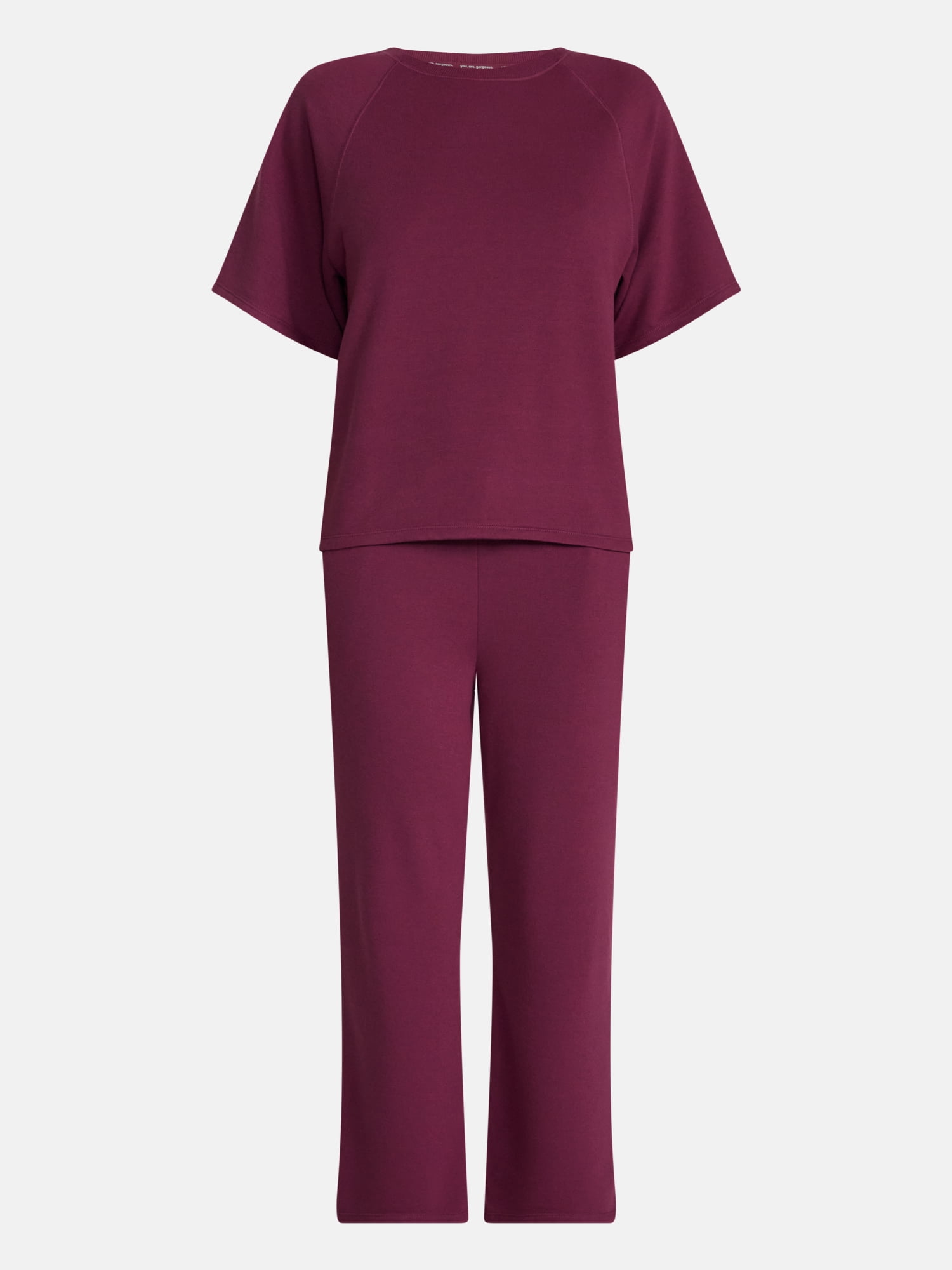 Joyspun Women's French Terry Lounge Sleep Short Sleeve Top and Capri Pants, 2-Piece Set, Sizes XS-3X