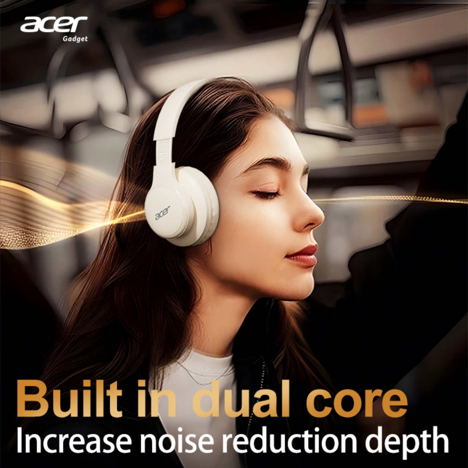 Acer Over-ear Headphones with 60H Playtime, Hi-Res Audio Foldable and Comfortable, Beige
