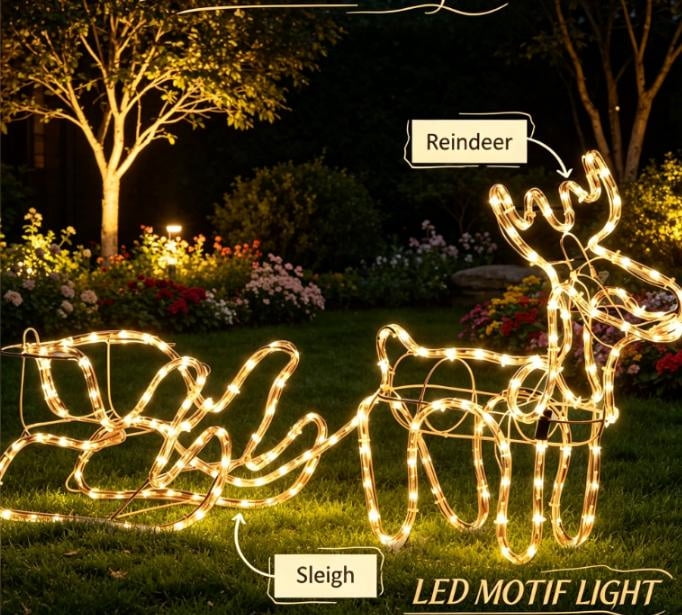 35" Christmas Reindeer And Sleigh LED Motif Indoor Outdoor Yard Decoration Warm White Lighting Steel Frame