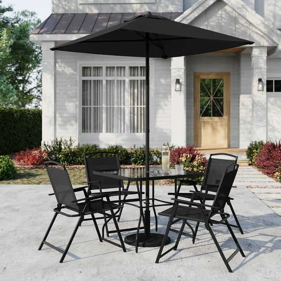 Mainstays Carlington 6-Piece Outdoor Dining Set with Umbrella, Black