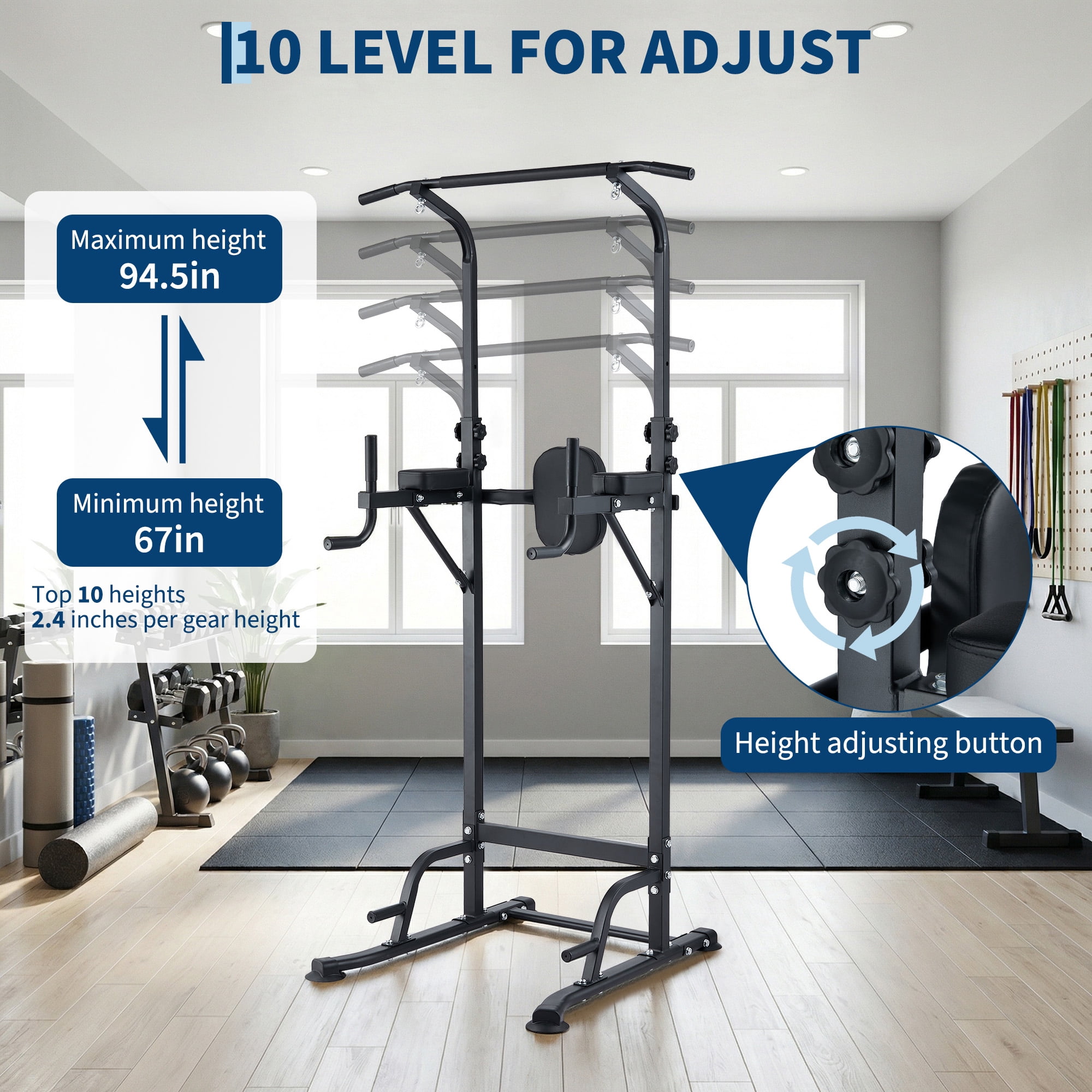 Multi-Function Power Tower Pull Up Bar Station with Backrest, Adjustable Height Strength Training Equipment for Gym, Heavy Duty Pull Up Dip Station