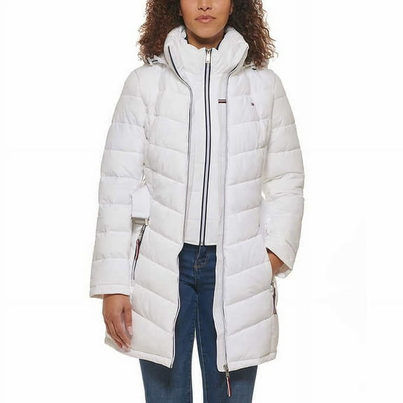 Tommy Hilfiger Ladies' Belted Puffer Jacket with Removable Hood, White, XXL