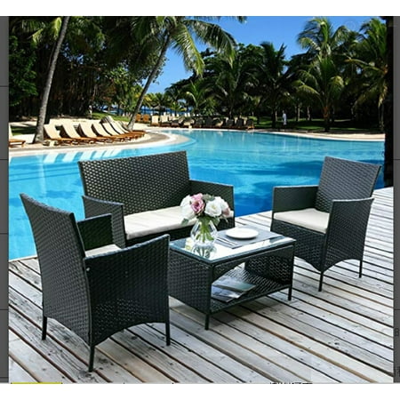 Patio Furniture Coffee Table 4PC Outdoor Furniture Set,Rattan Wicker Patio Set Cushioned Sectional Sofa &Glass Coffee Table, Garden,Backyard,Lawn Furniture ()
