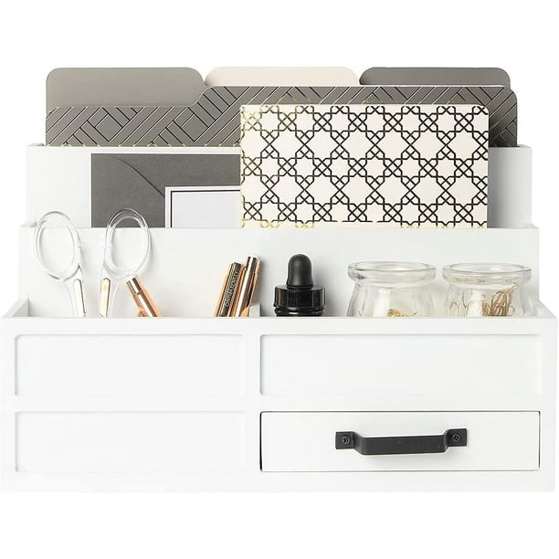 White Wood Mail Organizer with Drawer and Pen Holder Desk Organizers