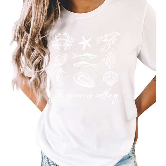 White The Ocean Is Calling Sea Creatures Beach Print T-Shirt Graphic Tees Shirts Summer Streetwear S-5XL Mystical Tops
