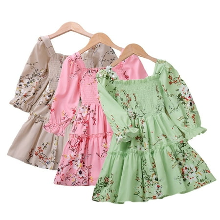 

Esaierrr Baby Kids One-Line Neckline Princess Dress for Girls Crushed Flower Party Dress Long Sleeve Casual Dress Priming Dress Autumn for 2-6Y