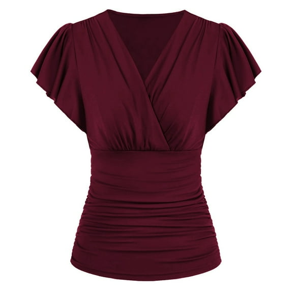 Sarapandan Slim Fit Ruched Blouse with Cross Front V-Neck and Short Sleeves in Burgundy, Size XXL for Women and Ladies Sarapandan