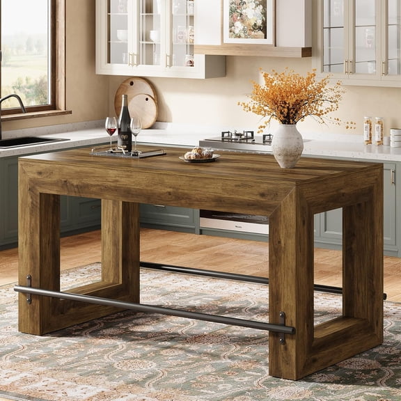 Finmind 59" Home Bar Table Unit, Industrial Counter Height Bar Cabibnet for Kitchen, Rustic Brown