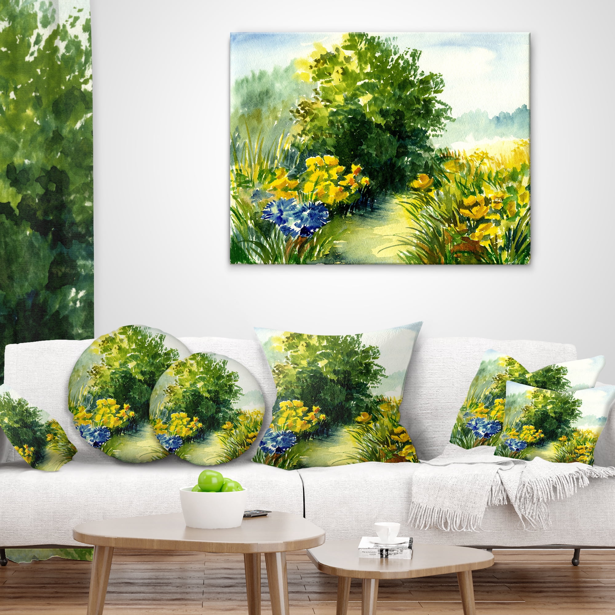 Designart Watercolor Greenery - Landscape Printed Throw Pillow - 16x16