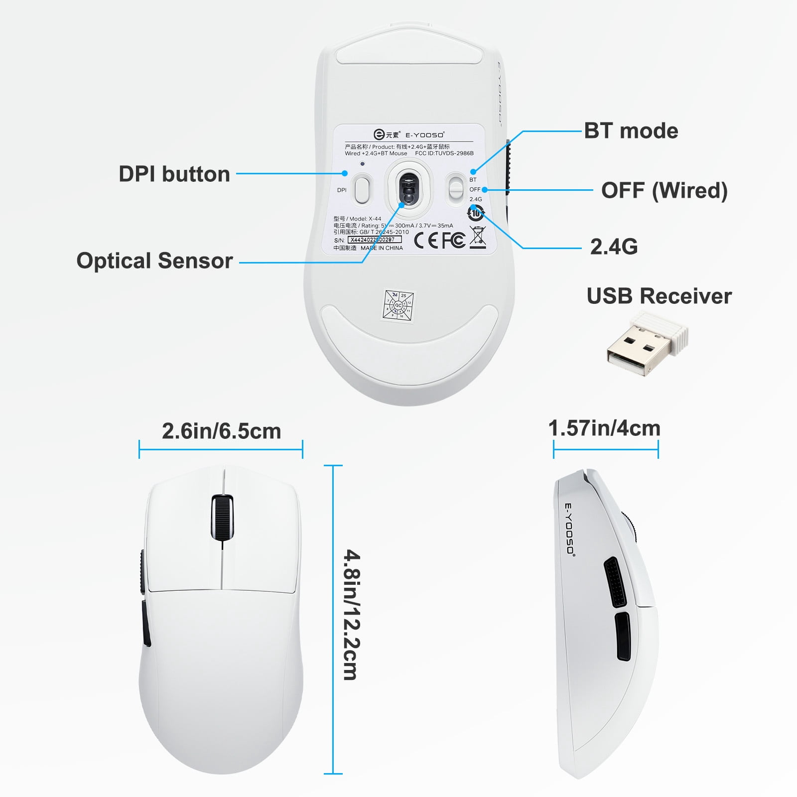 E-YOOSO Wireless Gaming Mouse, 49g Superlight, PAW3395 Sensor 26,000 DPI, 2.4G/Bluetooth 5.1/Wired, 5 Programmable Buttons, 150 Hr Battery, Software Support for PC, Mac, White
