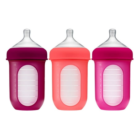 Boon Nursh Reusable Silicone Pouch Baby Bottle, Air-Free Feeding, Pink Multi Pack, 8 Oz, 3