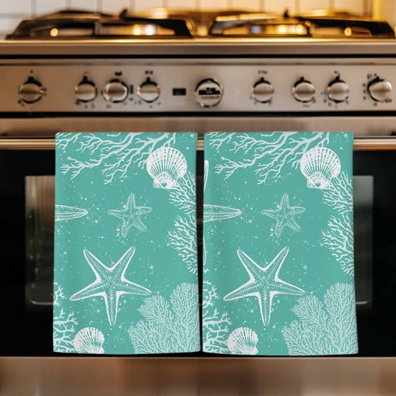 Teal Coastal Kitchen Towels Set of 4, Starfish Coral Summer Beach Ocean Absorbent Dish Towels for Kitchen, Microfiber Hand Towel, Quick Drying Tea Towel for Cleaning Decorative Dishcloths
