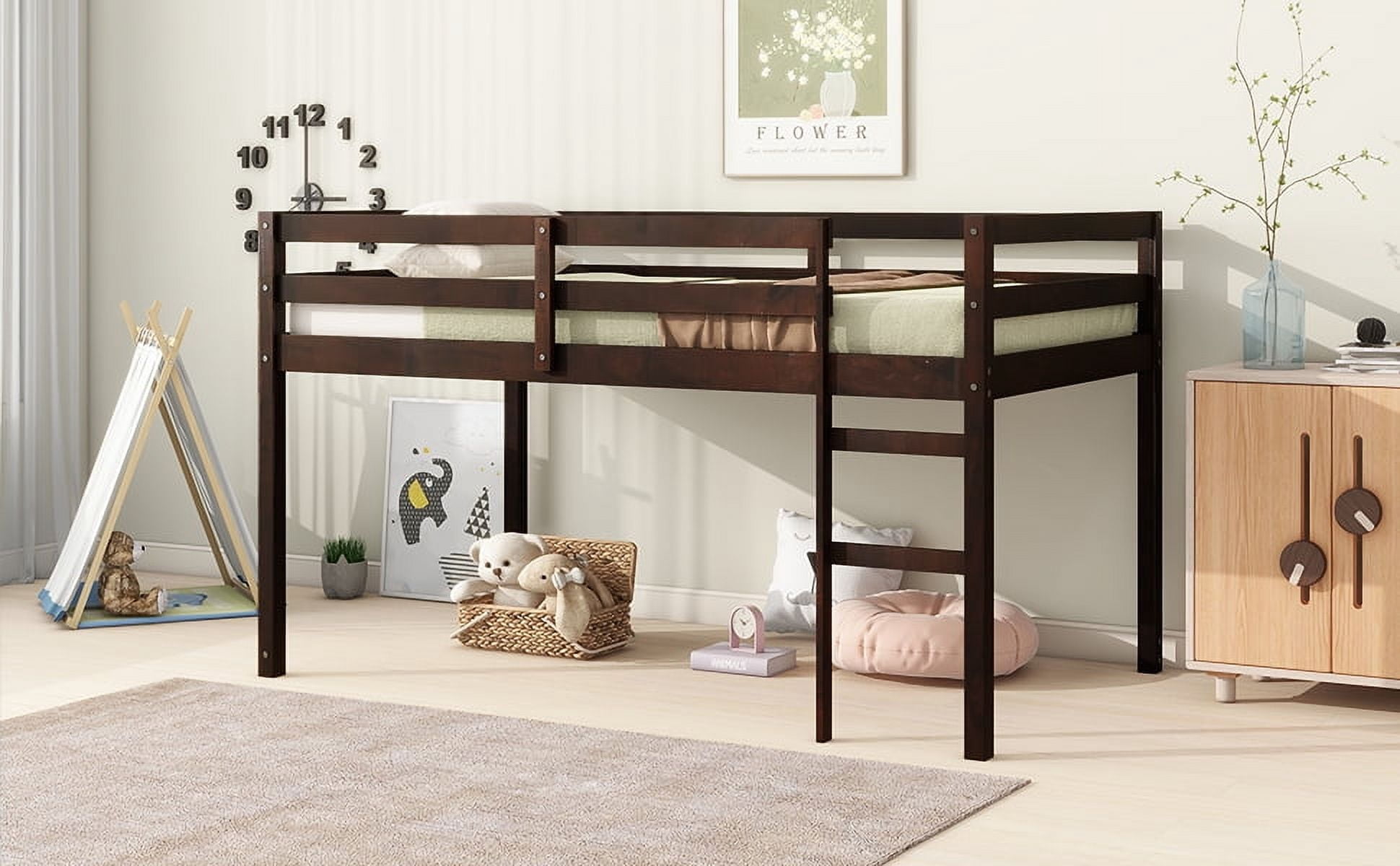 Solid Wooden, Rubber Wooden Twin Loft Bed with Ladder, Bed Platform of Strengthened Slats, Espresso
