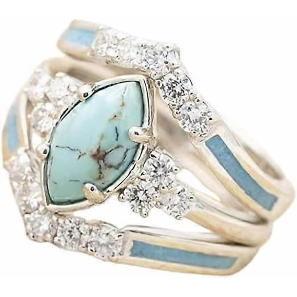 3 PCS Ring Set Natural Turquoise Diamond Rings Turquoise Silver Color Rings for Women Turquoise Jewelry Sparkling Natural Gemstone