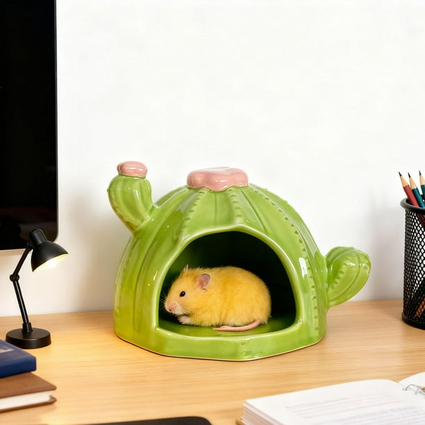 Hamster Casa Refugio de Cerámica con Comedero Decorativo para Animales Pequeños Casa Escondite Divertida Resistente Adecuada para Mascotas Decoración Verde