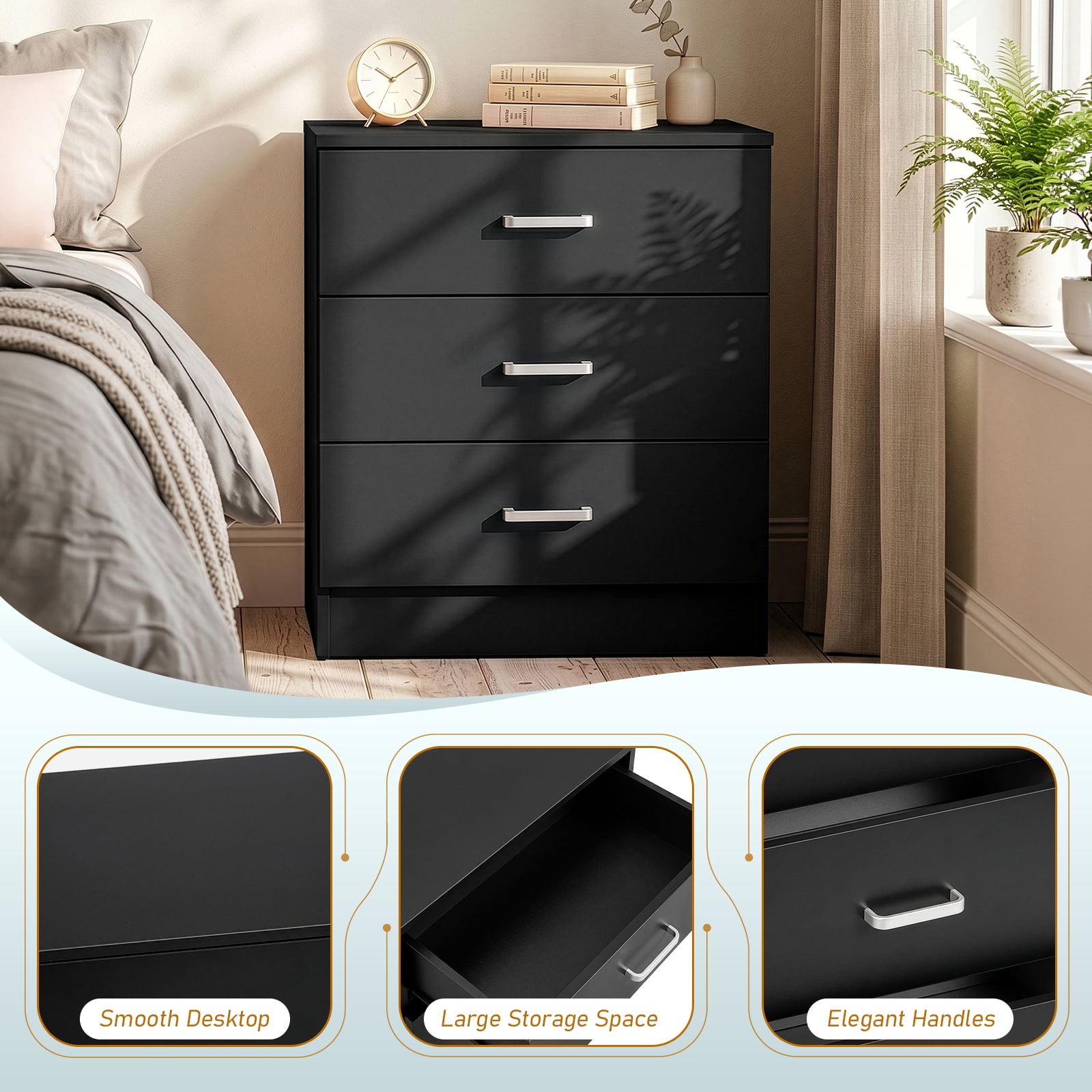 3-Drawer Chest with Textured Finish Drawer Dresser 22.05*12.99*25.98in Black