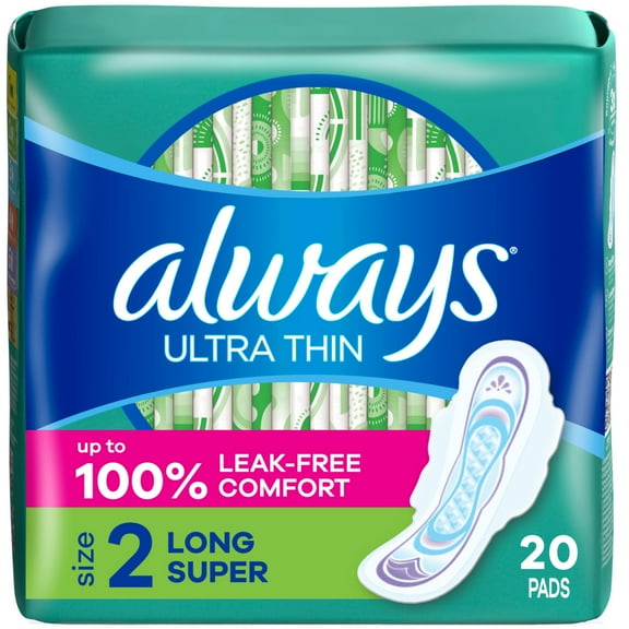 Always Ultra Thin Pads with Wings, Size 2, Long Super Absorbency, 20 CT