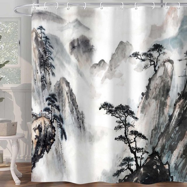 Cortina de ducha japonesa, pintura de paisaje asiático, tinta oriental, acuarela, montaña, árbol, cortinas de baño abstractas, juego de accesorios de baño de tela con estampado negro con ganchos de