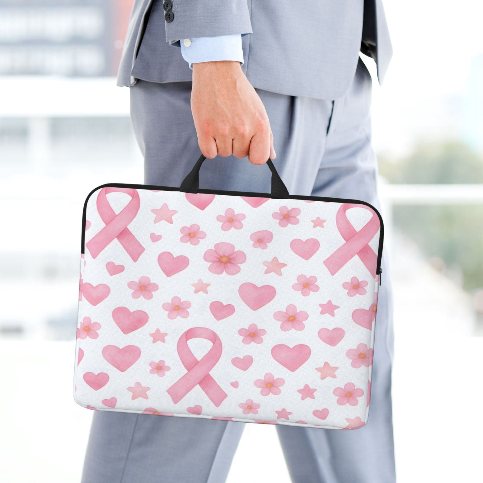Laptop Sleeve Bag For Women Men 14inch Waterproof Durable Protective Computer Carrying Cover Handle Laptop Case Bag Watercolor Pink Ribbon Pattern With Hearts And Stars