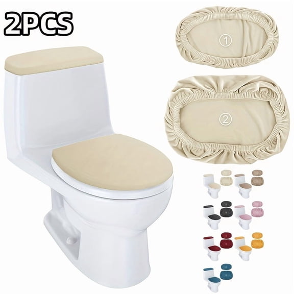 Thick Plush oilet Tank Cover and Toilet Lid Cover Set Elastic Bottom Color Fit for Home and Hotel Bathroom Toilet Covers 2Pcs Beige One Size