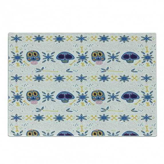 Cinco de Mayo Cutting Board, Cultural Sugar Skulls Bones and Flowers Pattern, Decorative Tempered Glass Cutting and Serving Board, in 3 Sizes, by Ambesonne
