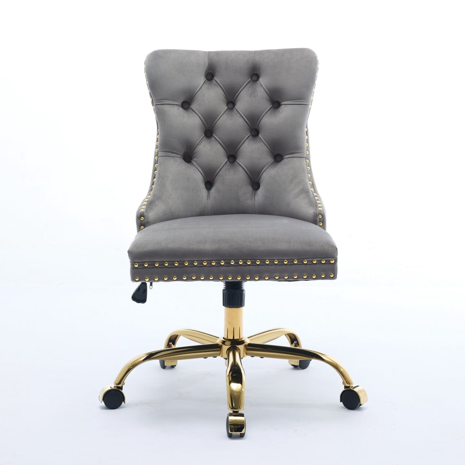 Modern Velvet Upholstered Ergonomic Office Chair with Tufted Button Design & Shiny Gold Base – Perfect for Home Office & Gaming Room Comfort (Gray)