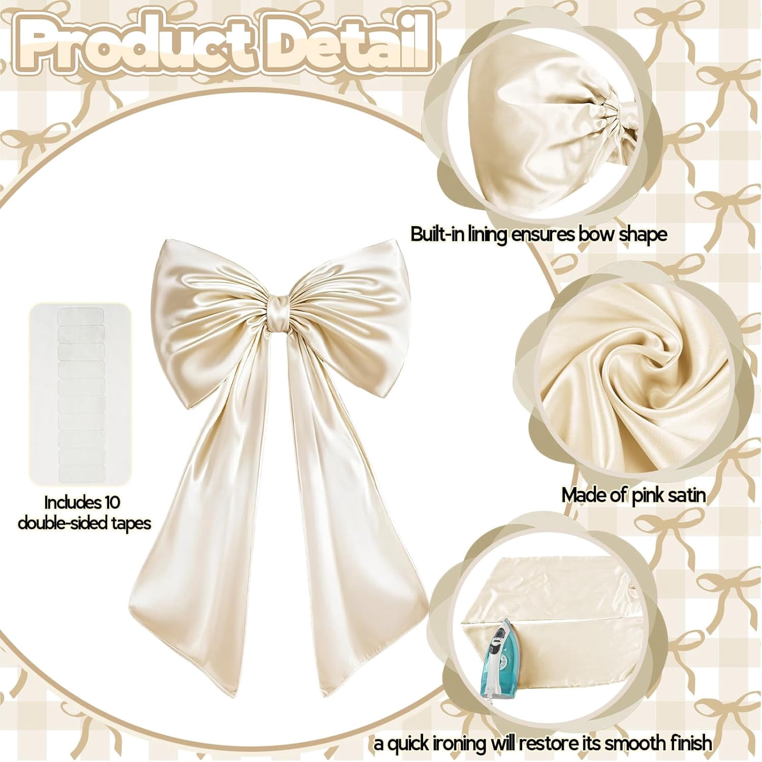 Giant Bow Decoration Big Cream White Large Coquette Bow for Backdrop Birthday Party Room Wall Wedding Bride Decor, Ribbon Tie Hanging Gift Coquette Wall Decor (Satin, Internal Stability Layer)