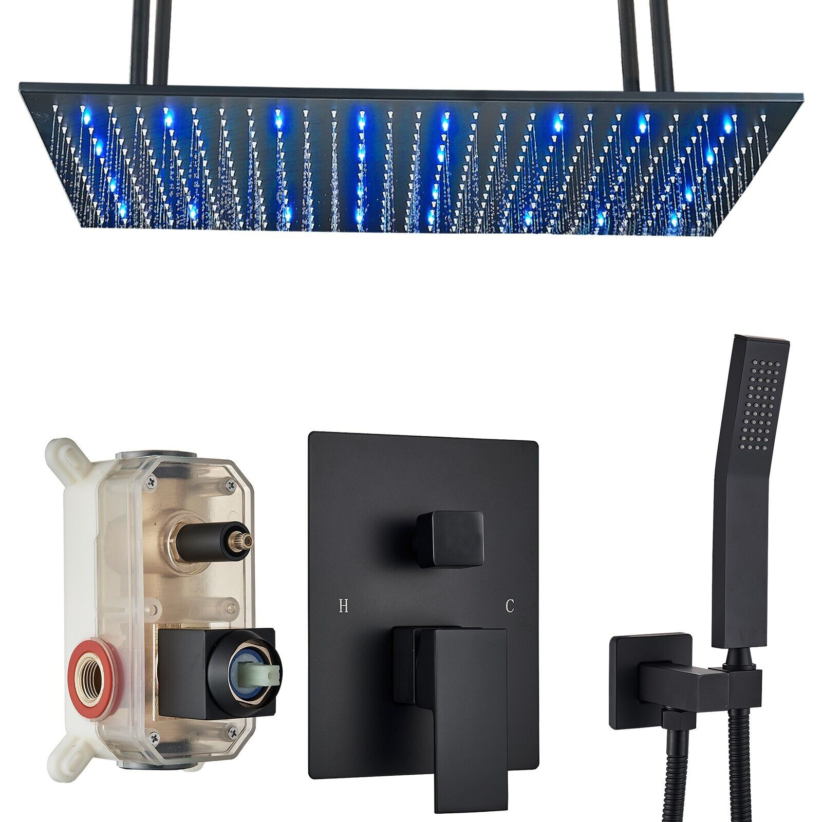 Black Shower Faucet Set with Valve 16x32 inch Rain Shower Head Combo Kit Ceiling Mount