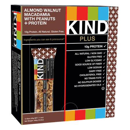 KIND Bars, Almond Walnut Macadamia with Peanuts + 10g Protein, 12 Bars, Gluten Free