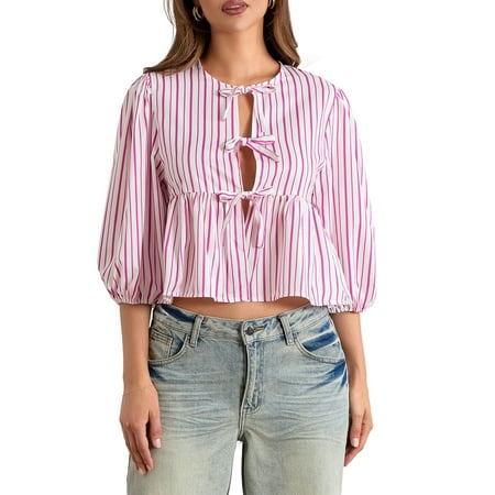 YiLvUst Women Striped Babydoll Tops Open Front Tie-Up Half Sleeve Ruffled Blouse