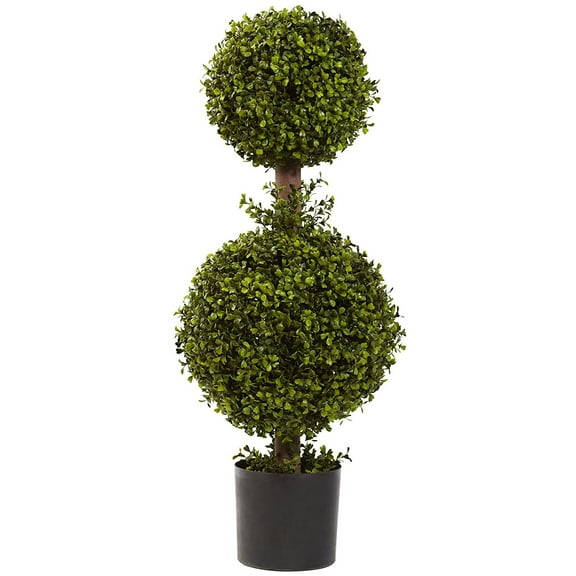36" Green Double Sphere Artificial Boxwood Topiary Potted Plant