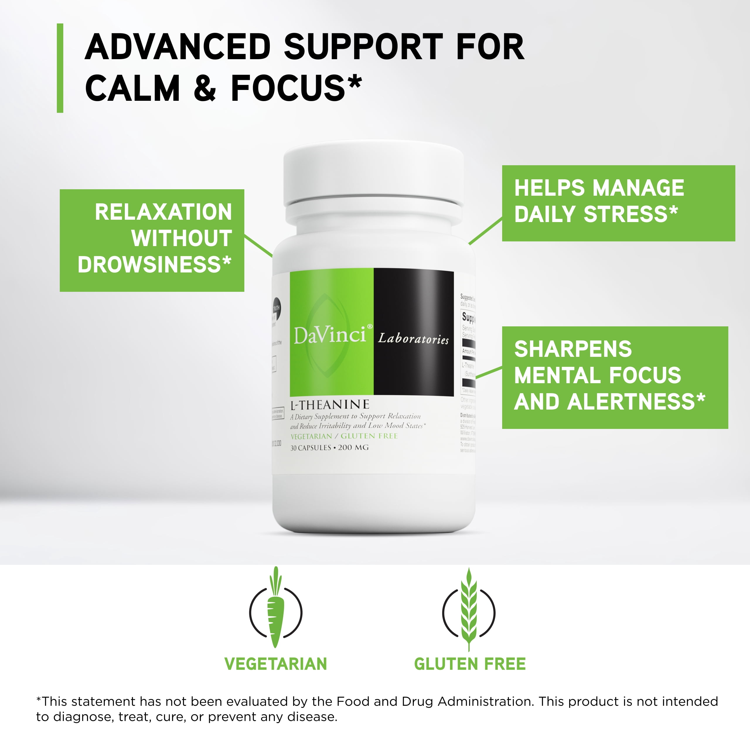 DaVinci Labs L-Theanine - Supports Brain Health & Sleep * - 30 Vegetarian Capsules