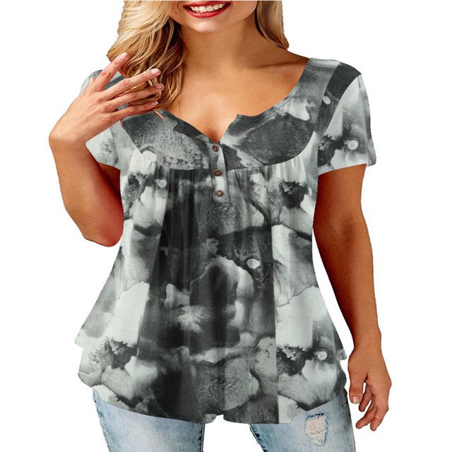 CHUANK Women T Shirts Short Sleeve Round Neck Button Up Tunic Tops (White XL)