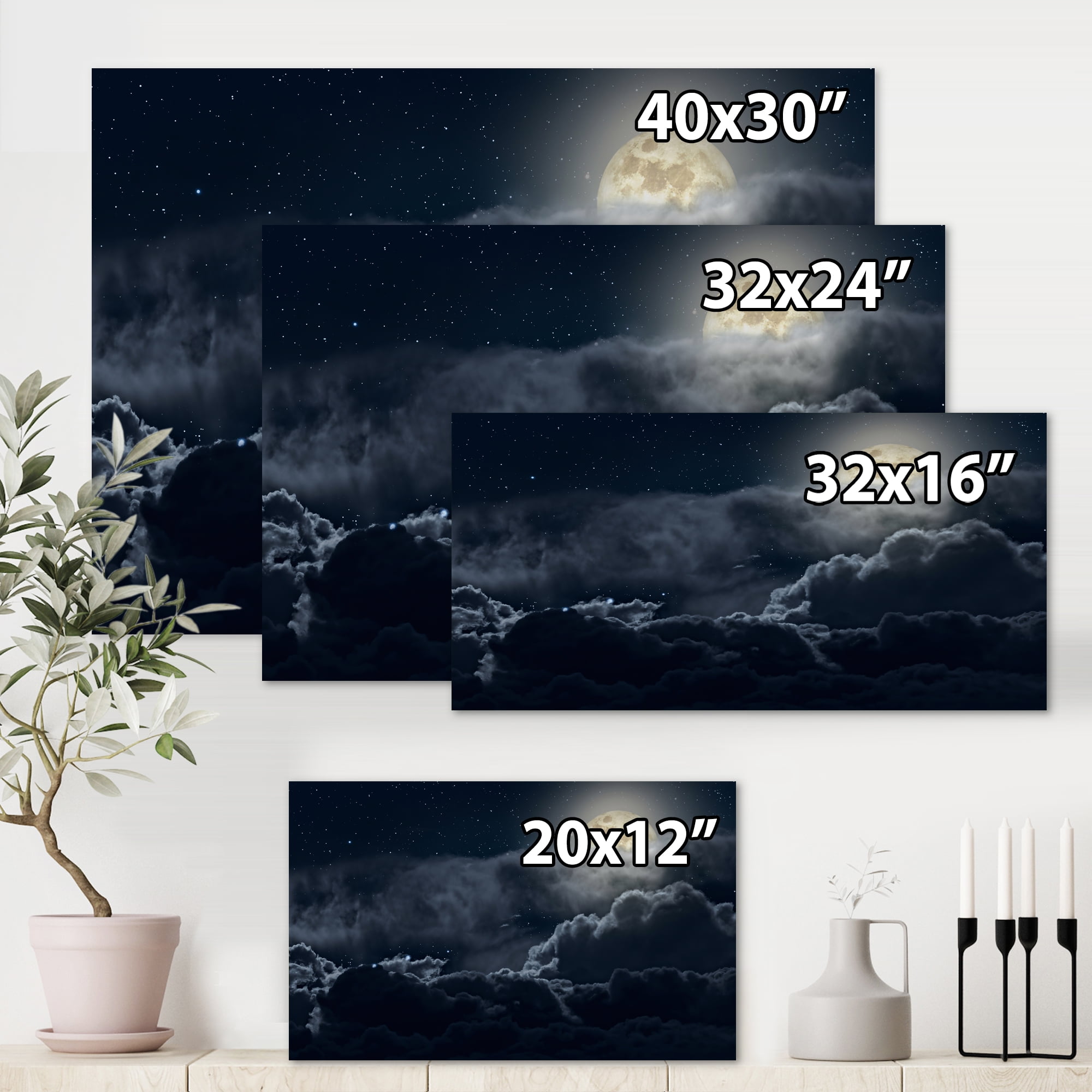Cloudy Full Moon Night With Stars 8 in x 12 in Photography Canvas Art Print, by Designart